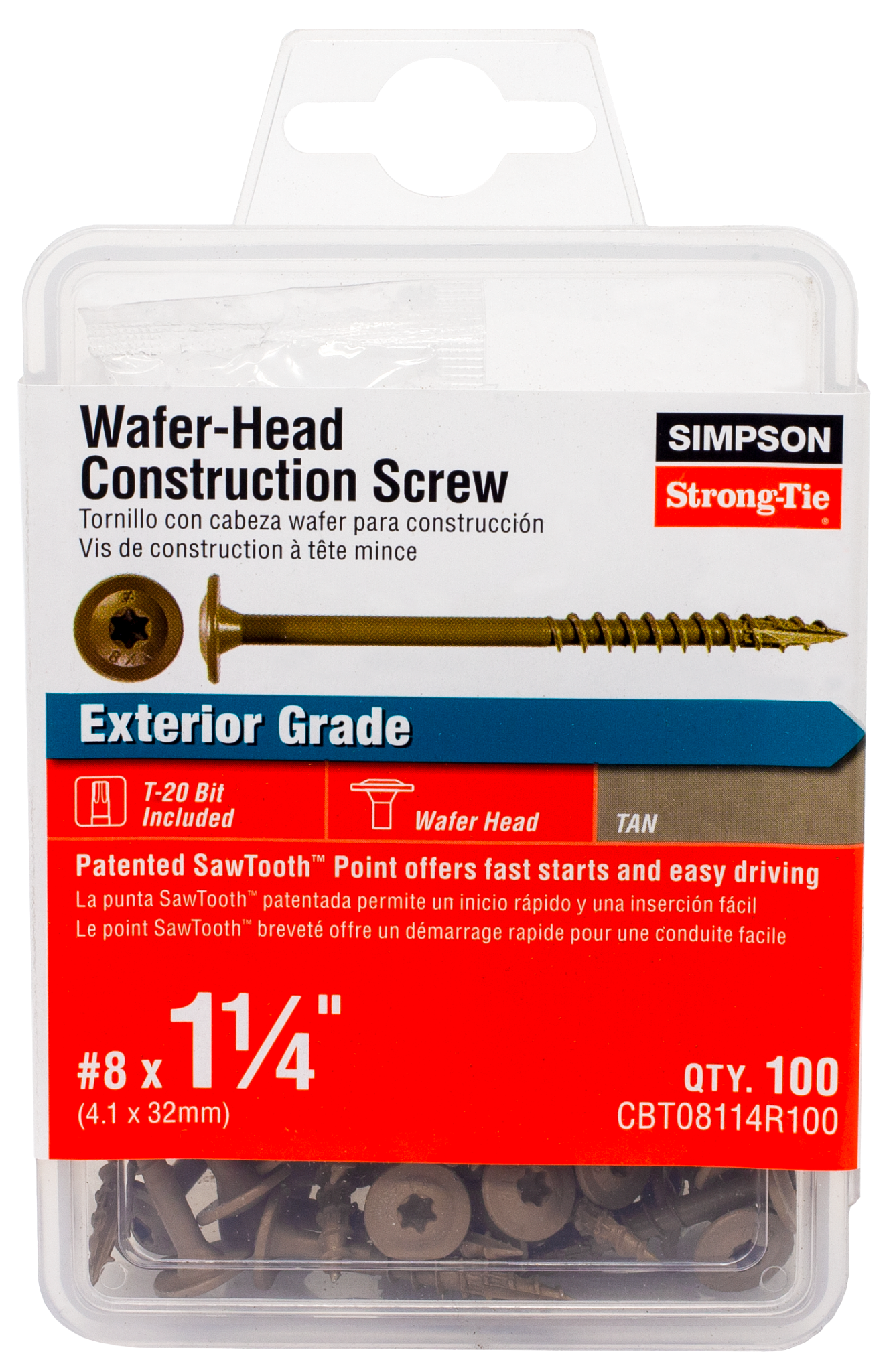 Simpson Strong-Tie CBT08114R100 Wafer-Head Construction Screw — #8 x 1-1/4 in. T20, Quik Guard®, Tan (100-Qty) (Pack of 1440)