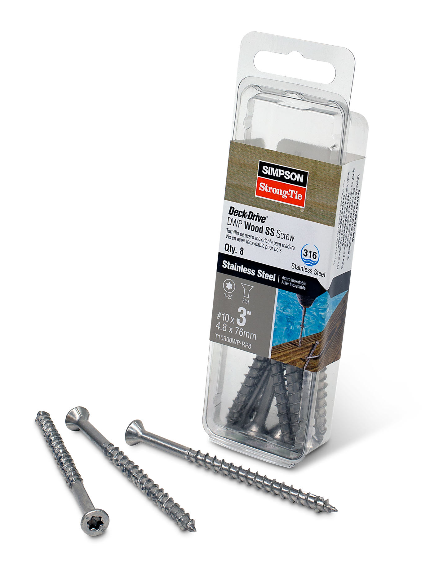 Simpson Strong-Tie T10300WP-RP8 Deck-Drive™ DWP WOOD SS Screw — #10 x 3 in. T-25, Flat Head, Type 316 (8-Qty) (Pack of 5)