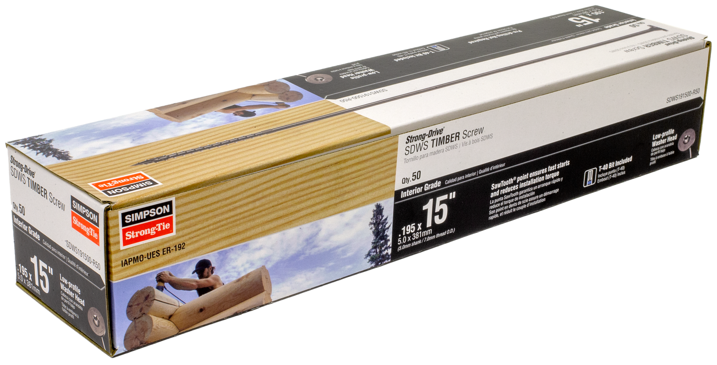 Simpson Strong-Tie SDWS191500-R50 Strong-Drive® SDWS™ TIMBER Screw (Interior) — 0.195 in. x 15 in. E-coat® (50-Qty) (Pack of 96)