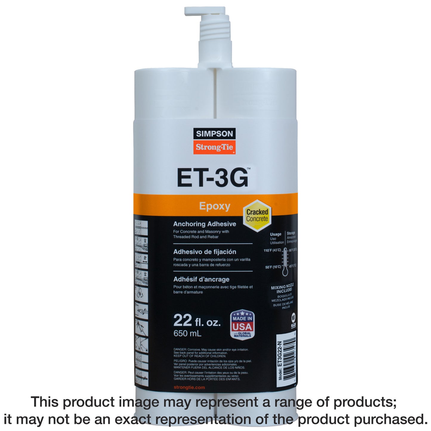 Simpson Strong-Tie ET3G22-N ET-3G™ 22 oz. Epoxy Adhesive Cartridge w/ Nozzle and Extension (Pack of 576)
