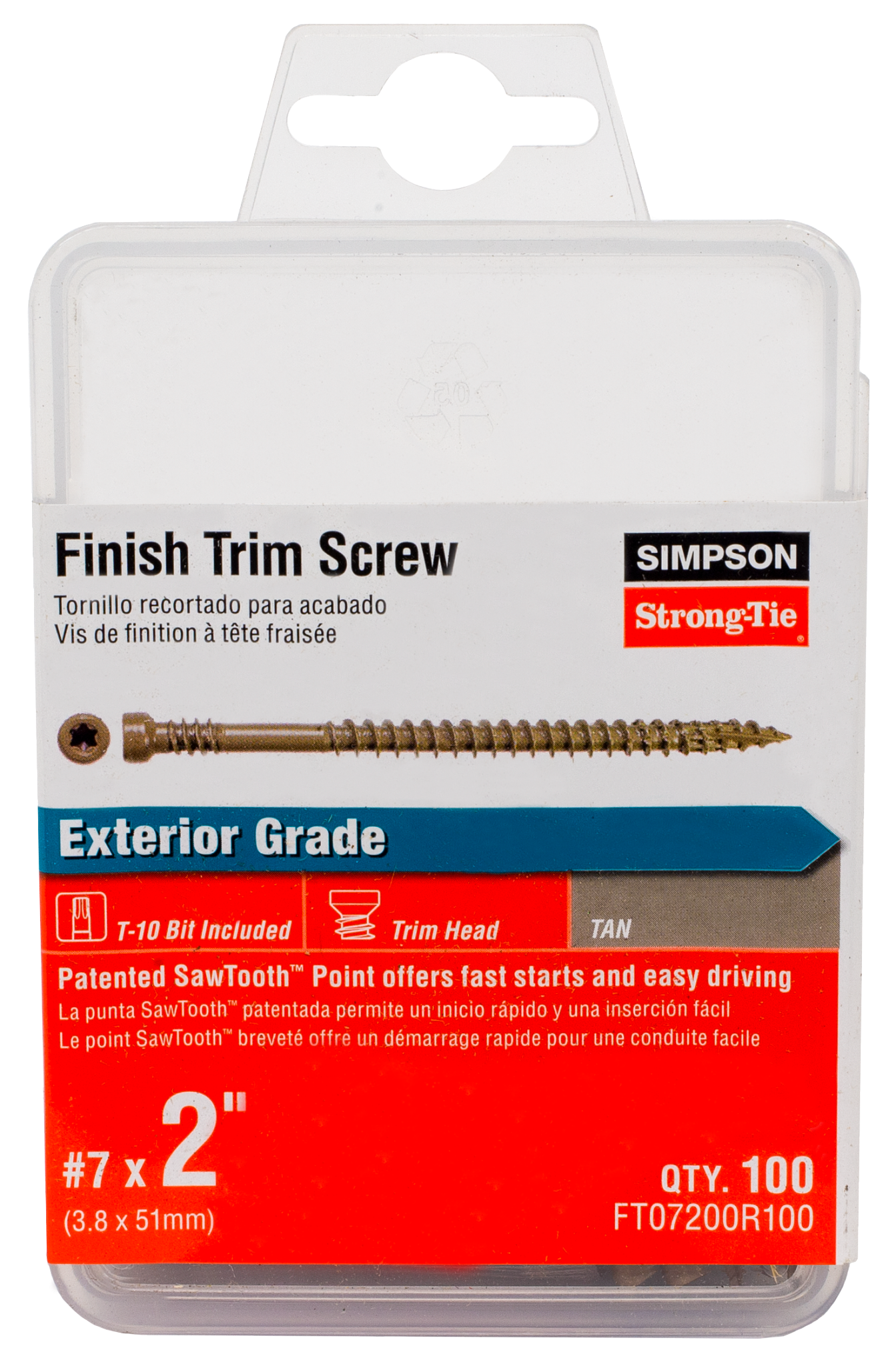 Simpson Strong-Tie FT07200R100 Finish Trim Screw — #7 x 2 in. T10, Trim-Head, Quik Guard®, Tan (100-Qty) (Pack of 5)