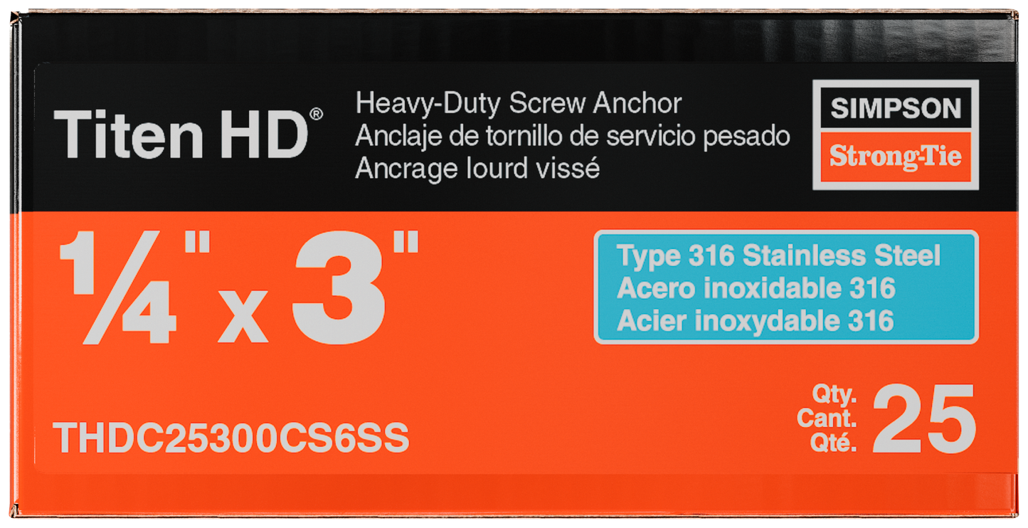 Simpson Strong-Tie THDC25300CS6SS Titen HD® 1/4 in. x 3 in. Type 316 SS Countersunk Head Heavy-Duty Screw Anchor (25-Qty) (Pack of 10)