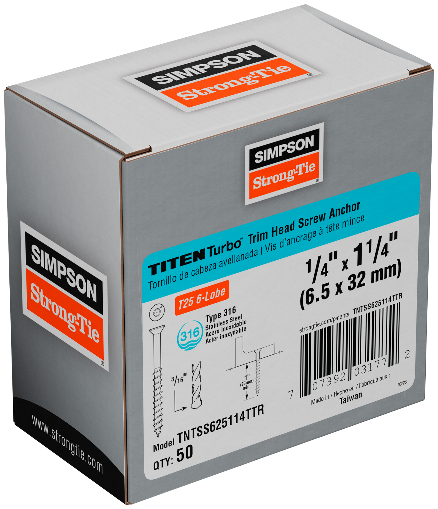 Simpson Strong-Tie TNTSS625114TTR Titen Turbo™ — 1/4 in. x 1-1/4 in. Type 316 Stainless-Steel Trim-Head Concrete and Masonry Screw (50-Qty)