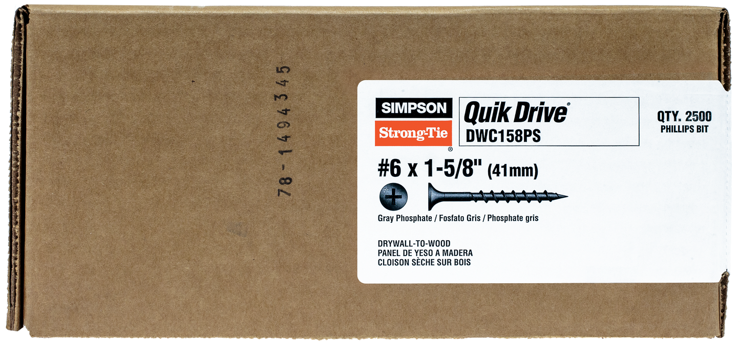 Simpson Strong-Tie DWC158PS DWC Drywall Screw (Collated) — #6 x 1-5/8 in. #2 Phillips Bugle-Head (2500-Qty) (Pack of 100)