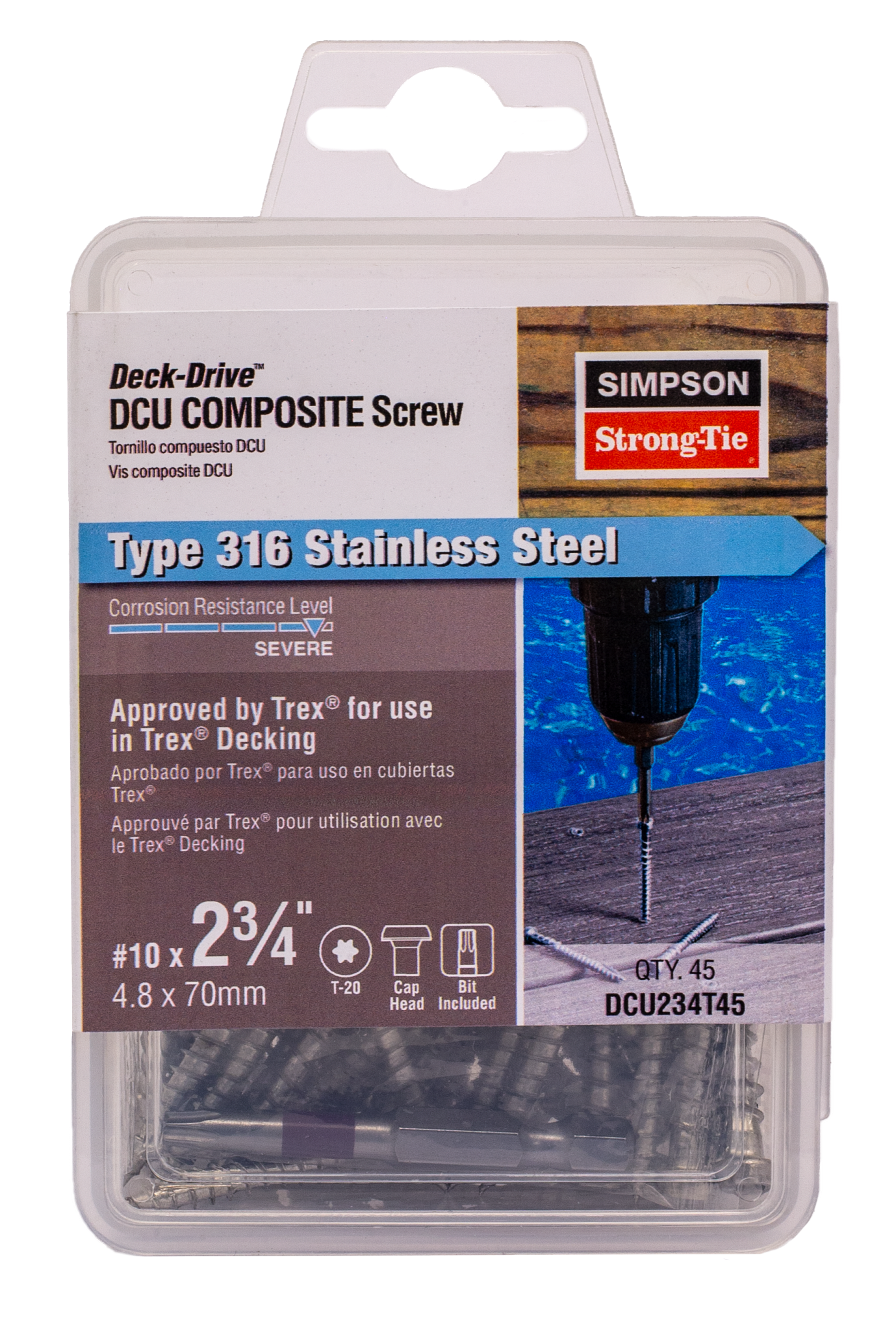 Simpson Strong-Tie DCU234T45 Deck-Drive™ DCU COMPOSITE Screw — #10 x 2-3/4 in. T20, Type 316 (45-Qty) (Pack of 5)