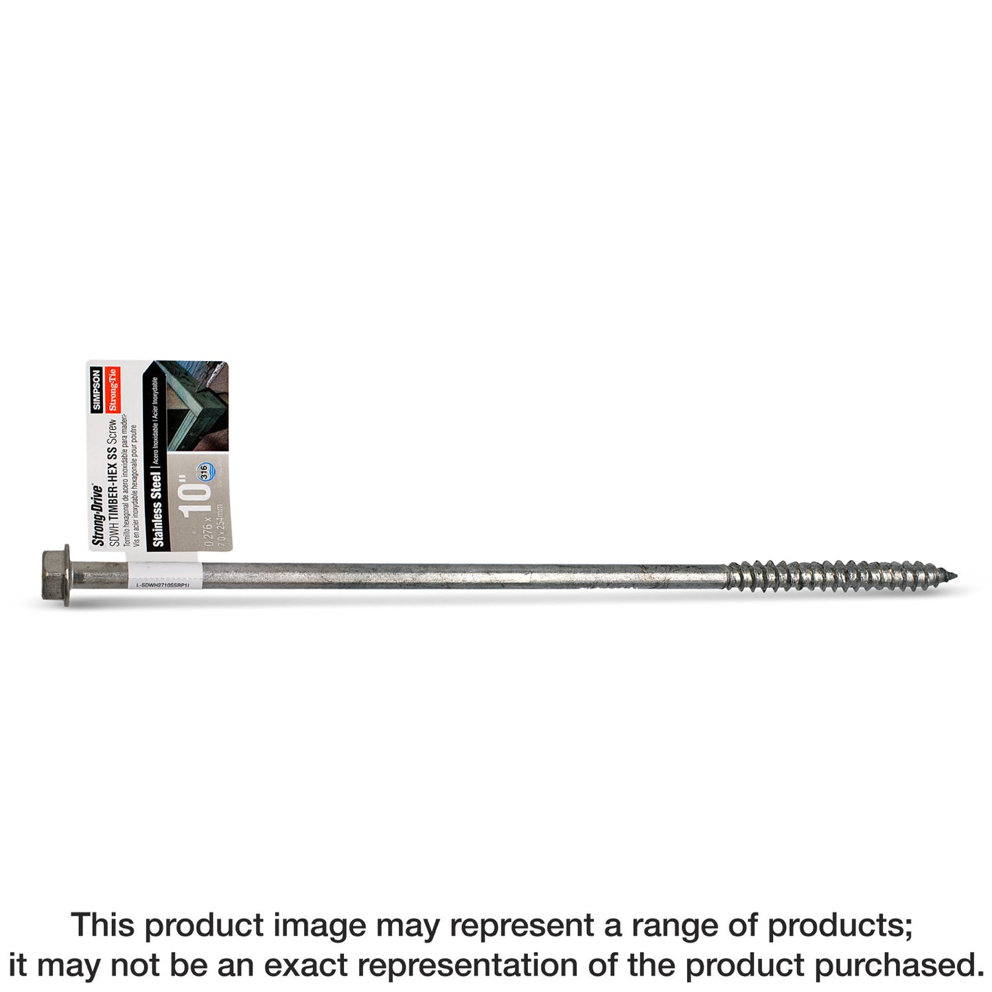 Simpson Strong-Tie SDWH271000SS-R25 Strong-Drive® SDWH™ TIMBER-HEX SS Screw — 0.275 in. x 10 in. 1/2 Hex, Type 316 (25-Qty) (Pack of 4)