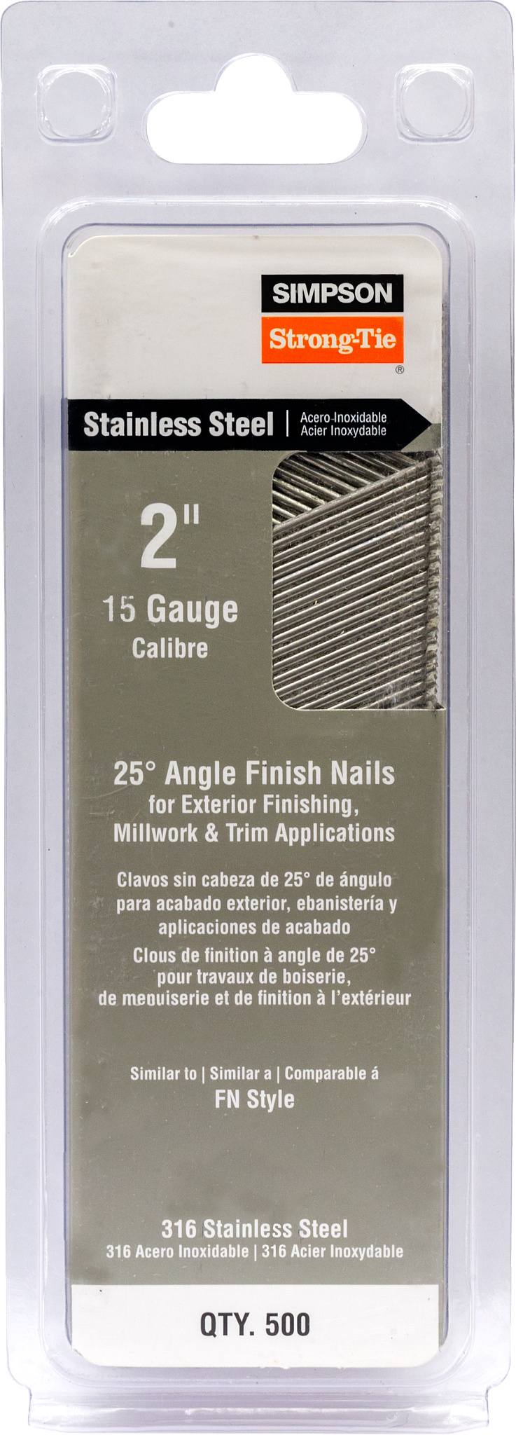 Simpson Strong-Tie T15N200FNB 25° Angle, Adhesive Collation, FN-Style, 15-Gauge Finishing Nail — 2 in. Type 316 (500-Qty) (Pack of 5)