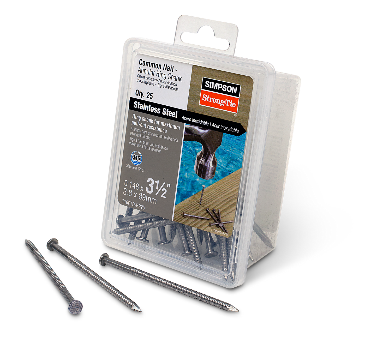 Simpson Strong-Tie T16PTD-RP25 Preservative-Treated Wood Decking Nail, Ring Shank — 3-1/2 in. x .148 in. Type 316 (25-Qty) (Pack of 4)