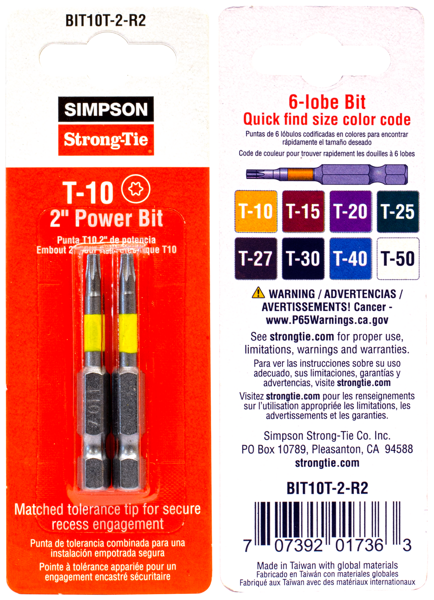 Simpson Strong-Tie BIT10T-2-R2 T10 6-Lobe-Drive 2-in. Power Bit (2-Qty)
