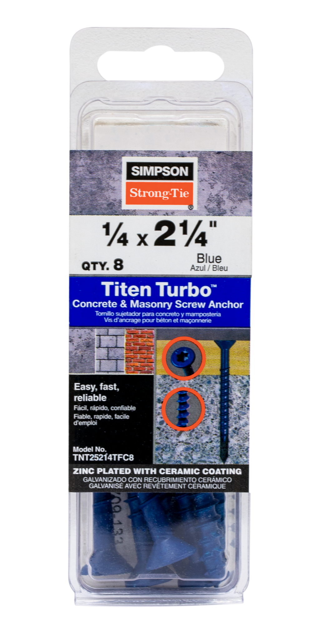 Simpson Strong-Tie TNT25214TFC8 Titen Turbo™ — 1/4 in. x 2-1/4 in. 6-Lobe Flat-Head Concrete and Masonry Screw, Blue (8-Qty) (Pack of 20)