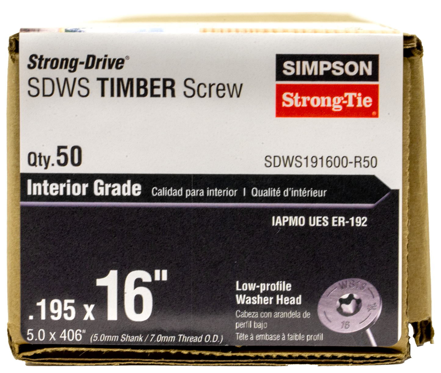 Simpson Strong-Tie SDWS191600-R50 Strong-Drive® SDWS™ TIMBER Screw (Interior) — 0.195 in. x 16 in. E-coat® (50-Qty)