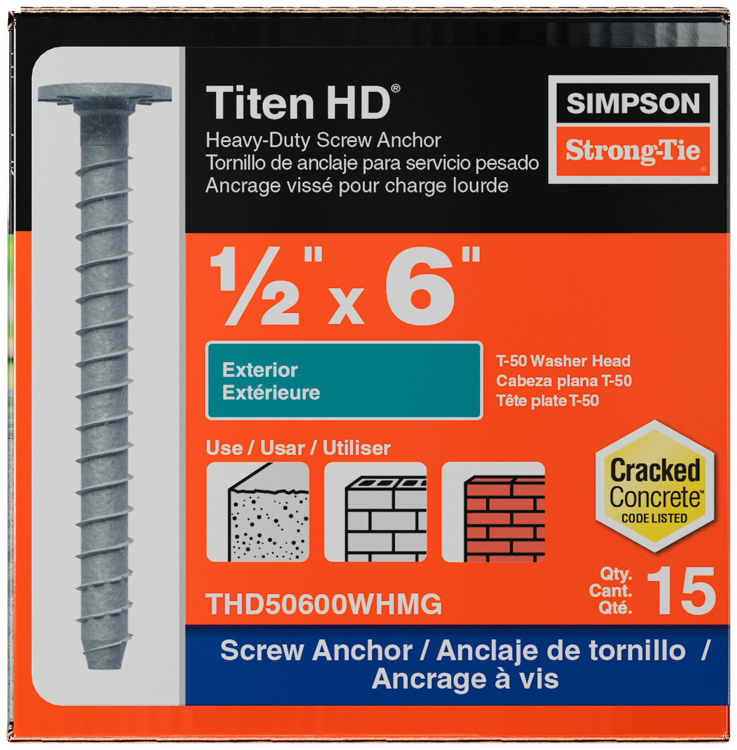 Simpson Strong-Tie THD50600WHMG Titen HD® 1/2 in. x 6 in. Mech. Galv. Washer-Head Heavy-Duty Screw Anchor (15-Qty) (Pack of 300)