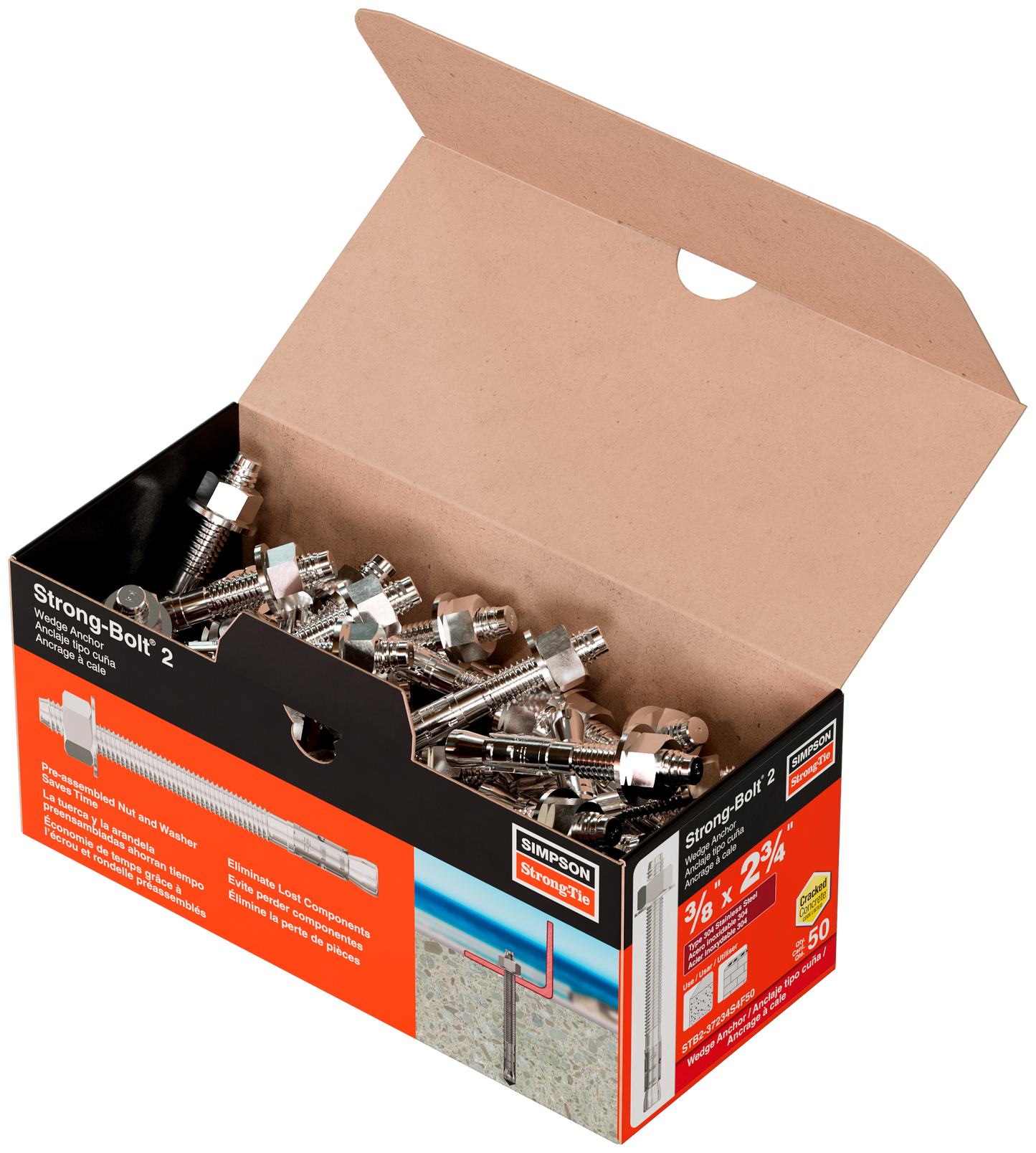 Simpson Strong-Tie STB2-37234S6F50 Strong-Bolt® 2 — 3/8 in. x 2-3/4 in. Type 316 Stainless-Steel Wedge Anchor, Fully Assembled (50-Qty) (Pack of 4)