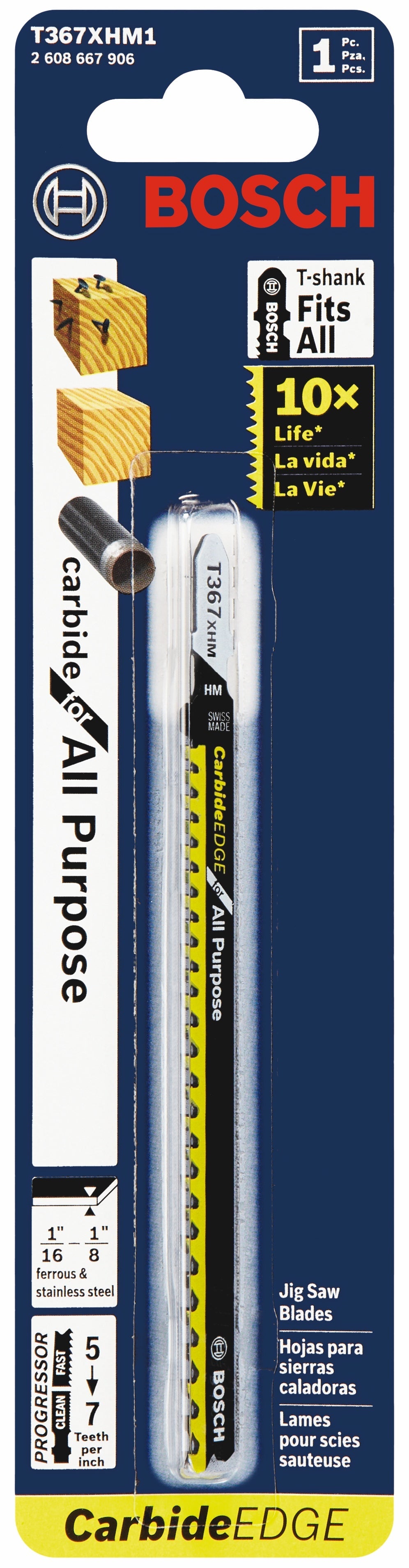 Hoja de sierra caladora BOSCH T367XHM1 de 5-1/4 pulg. y 5-7 dientes por pulgada con borde de carburo para vástago en T multiusos