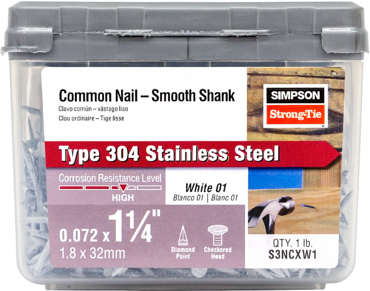 Simpson Strong-Tie S3NCXW1 Trim Nail, White Painted Head — 1-1/4-in. x .072-in. Type 304 Stainless Steel (1 lb.) (Pack of 10)
