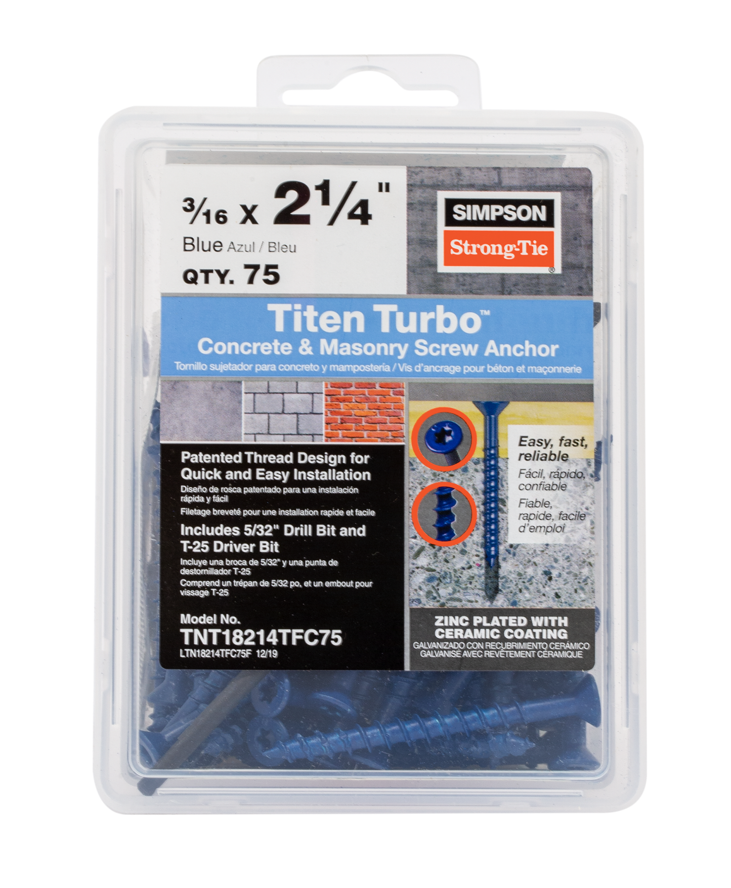 Simpson Strong-Tie TNT18214TFC75 Titen Turbo™ — 3/16 in. x 2-1/4 in. 6-Lobe Flat-Head Concrete and Masonry Screw, Blue (75-Qty) (Pack of 1152)