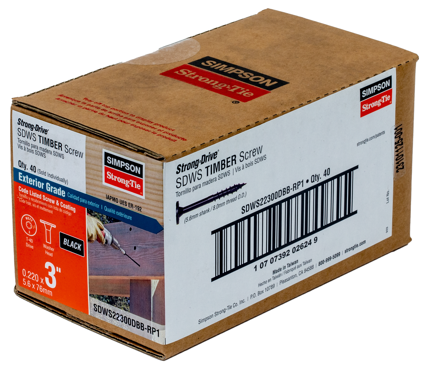 Simpson Strong-Tie SDWS22300DBB-RP1 Strong-Drive® SDWS™ TIMBER Screw (Exterior Grade) — 0.220 in. x 3 in. T40, Black