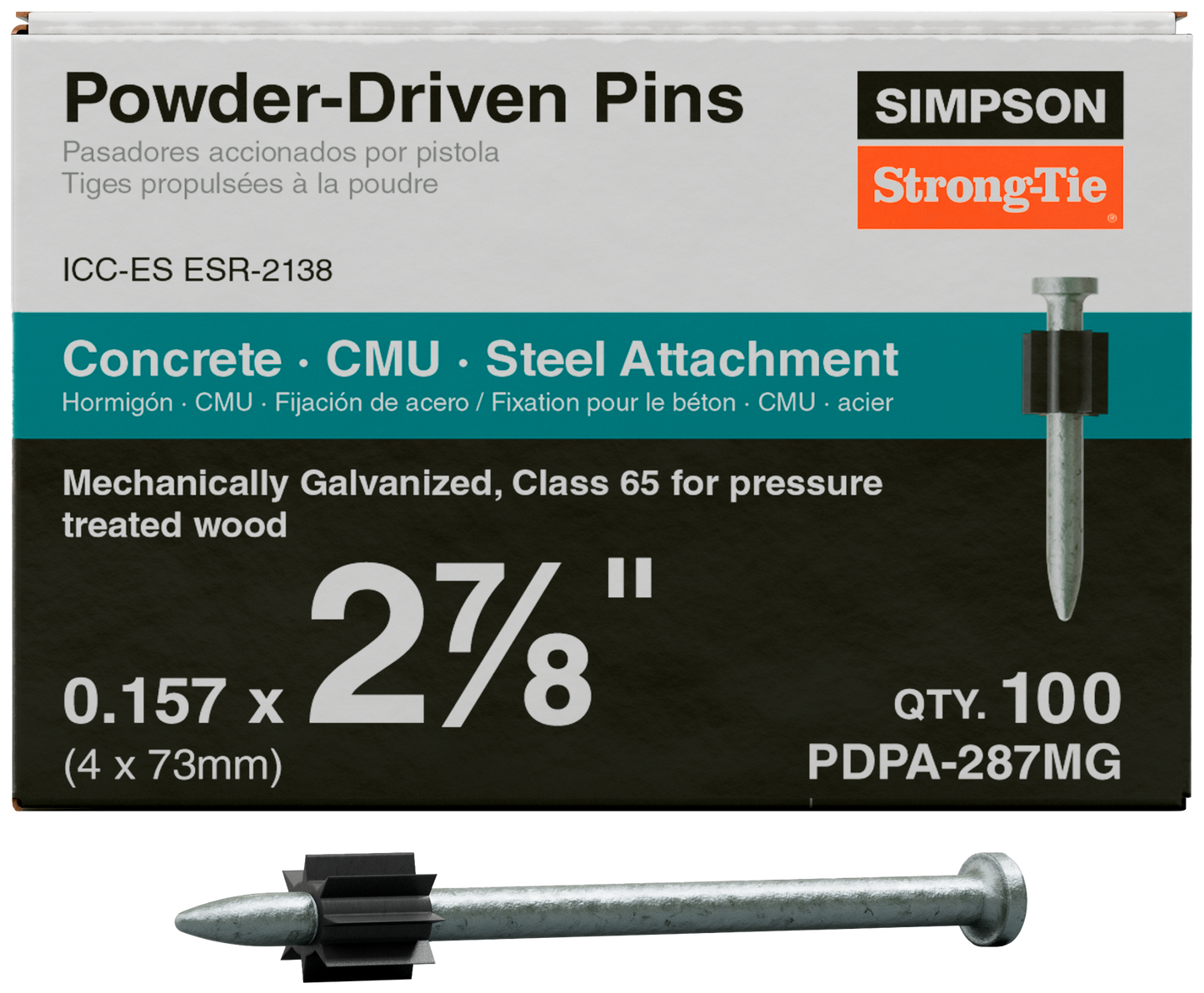 Simpson Strong-Tie PDPA-287MG PDPA .157 in. x 2-7/8 in. Mechanically Galvanized Powder-Actuated Pin (100-Qty)