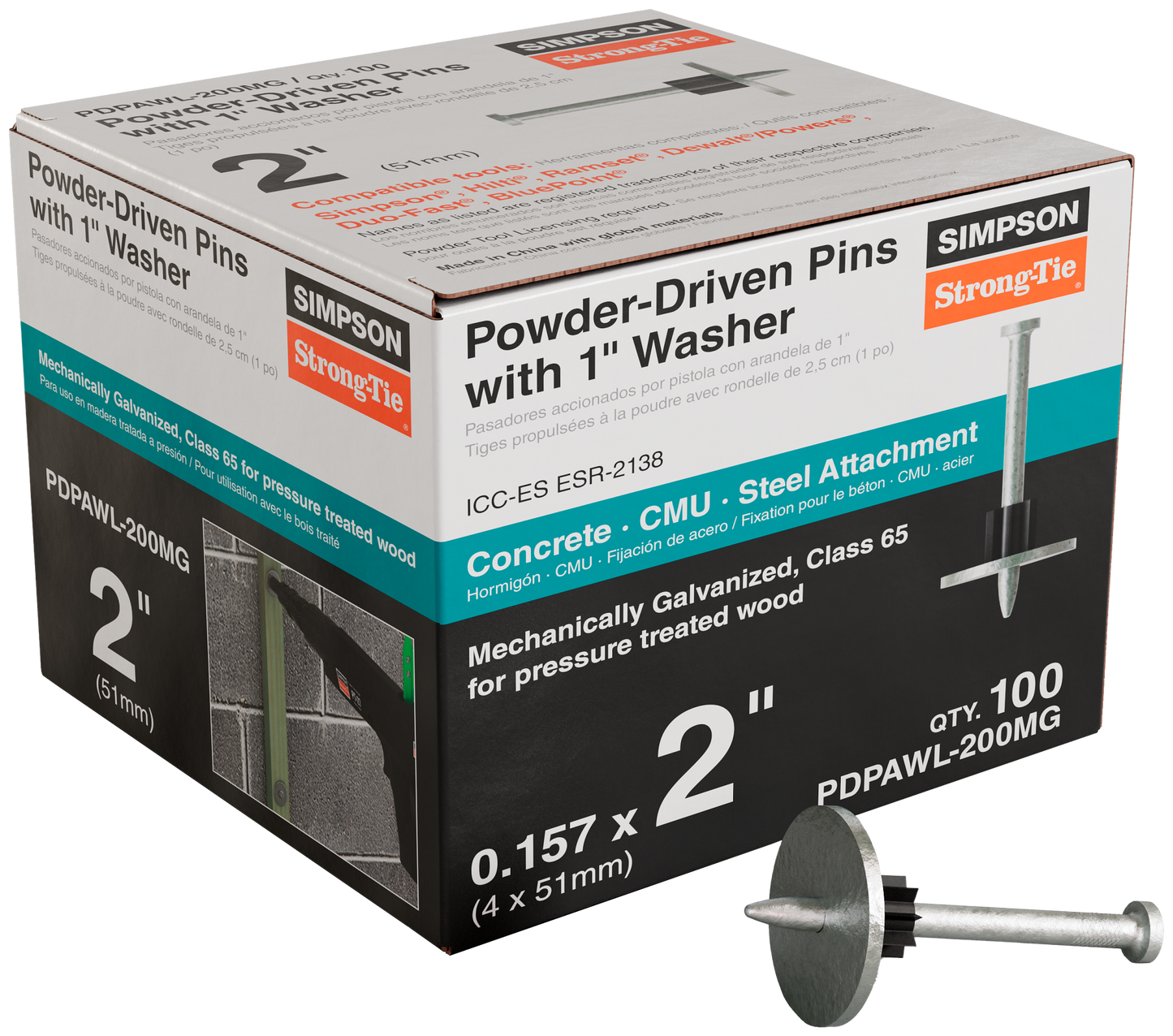 Simpson Strong-Tie PDPAWL-200MG PDPAWL .157 in. x 2 in. Mechanically Galvanized Powder-Actuated Pin w/ 1 in. Washer (100-Qty) (Pack of 10)