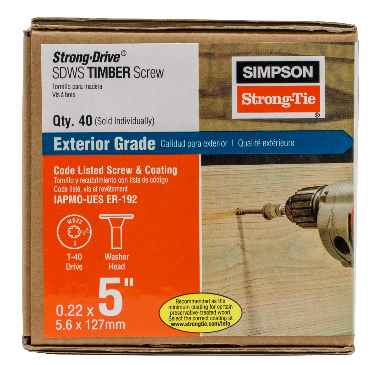 Simpson Strong-Tie SDWS22500DB-RP1 Strong-Drive® SDWS™ TIMBER Screw (Exterior Grade) — 0.220 in. x 5 in. T40, Tan (Pack of 40)