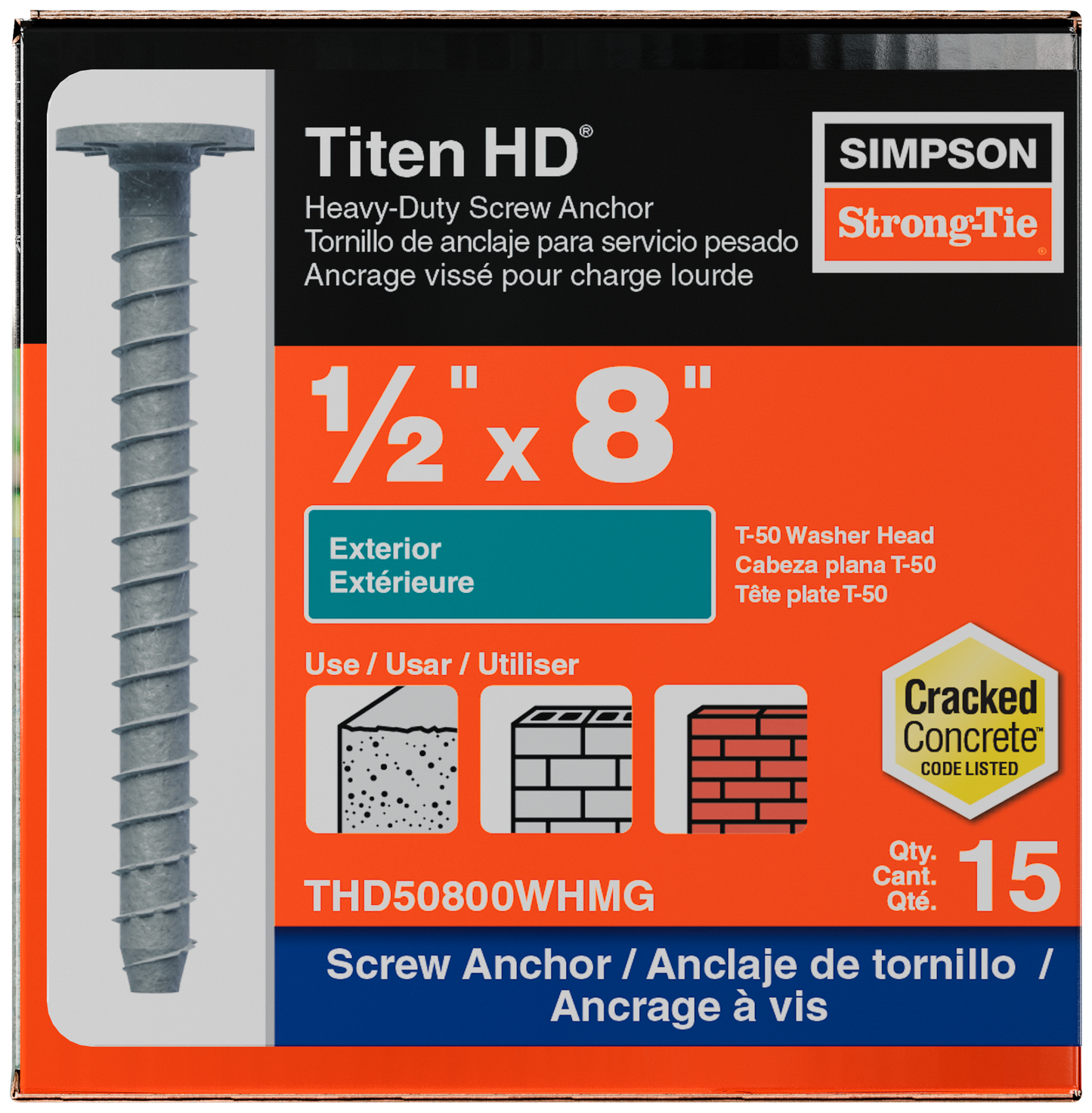 Simpson Strong-Tie THD50800WHMG Titen HD® 1/2 in. x 8 in. Mech. Galv. Washer-Head Heavy-Duty Screw Anchor (15-Qty) (Pack of 252)