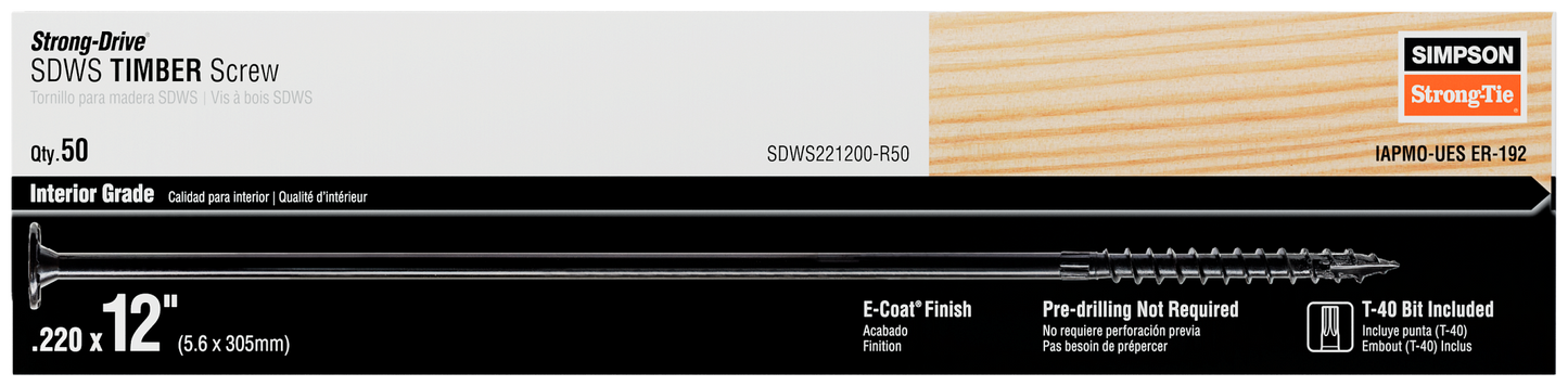 Simpson Strong-Tie SDWS221200-R50 Strong-Drive® SDWS™ TIMBER Screw (Interior) — 0.220 in. x 12 in. E-coat® (50-Qty) (Pack of 6)