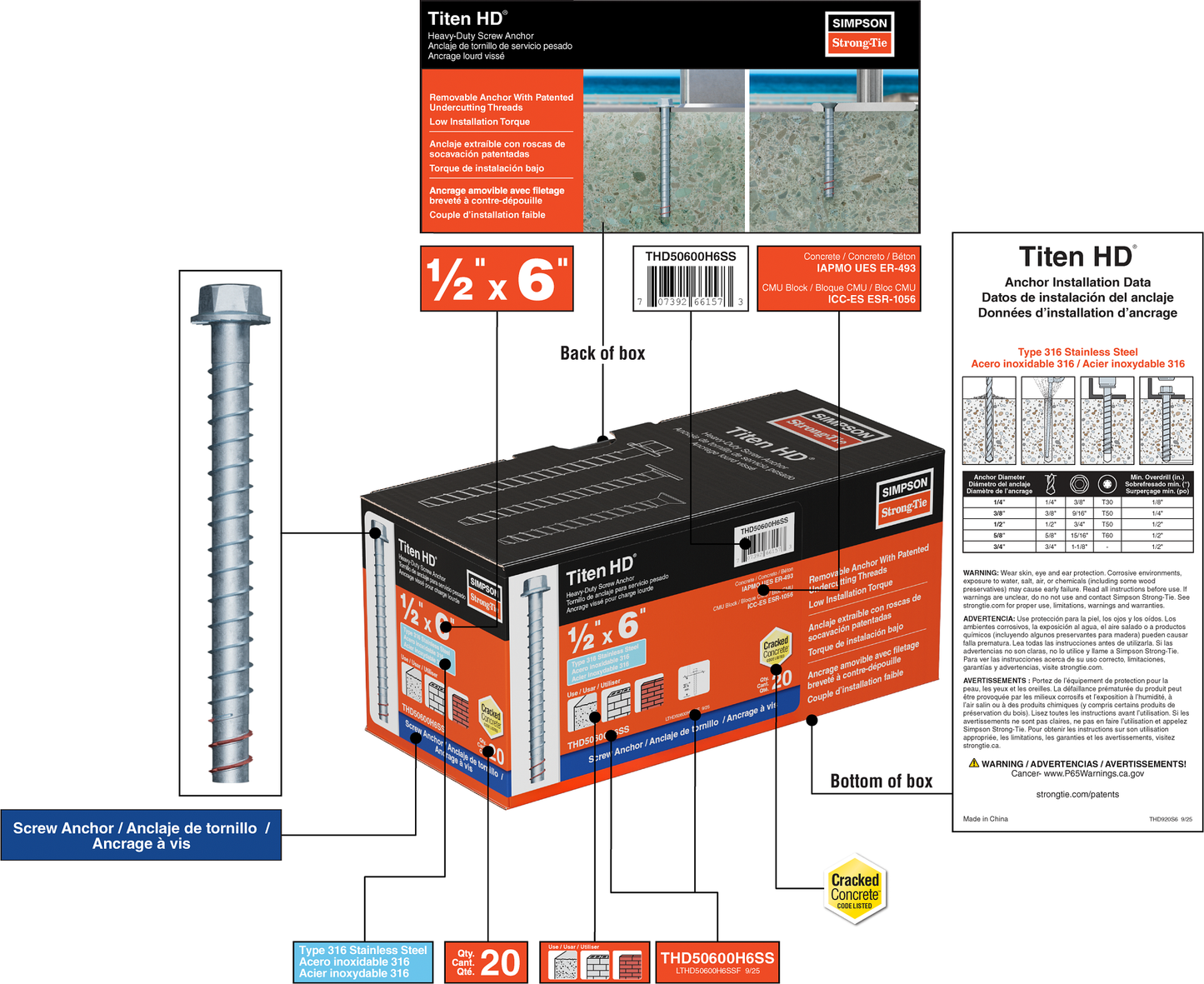 Simpson Strong-Tie THD50600H6SS Titen HD® 1/2 in. x 6 in. Type 316 Stainless-Steel Heavy-Duty Screw Anchor (20-Qty) (Pack of 240)