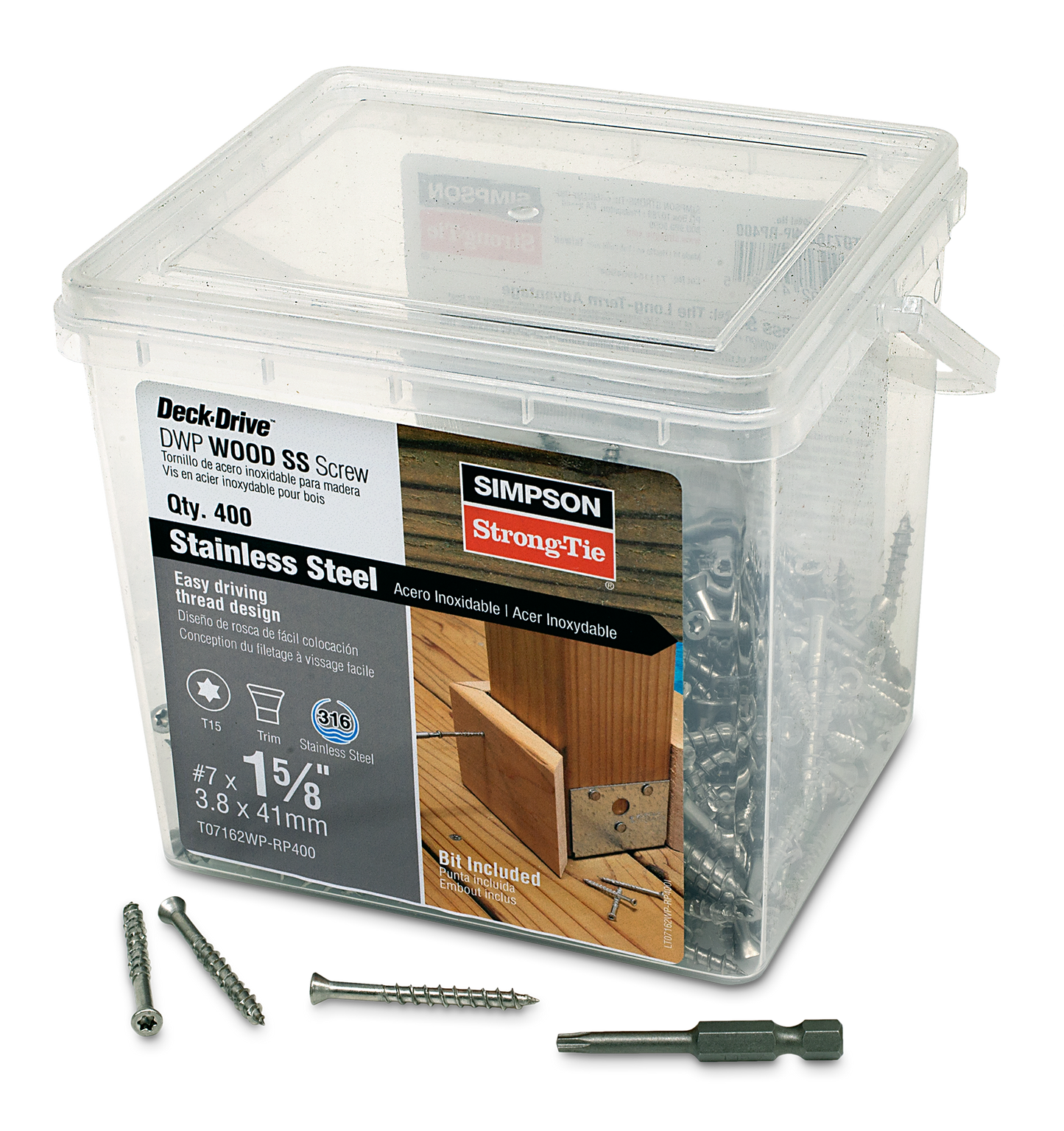 Simpson Strong-Tie T07162WP-RP400 Deck-Drive™ DWP WOOD SS Screw — #7 x 1-5/8 in. T-15, Trim Head, Type 316 (400-Qty) (Pack of 4)