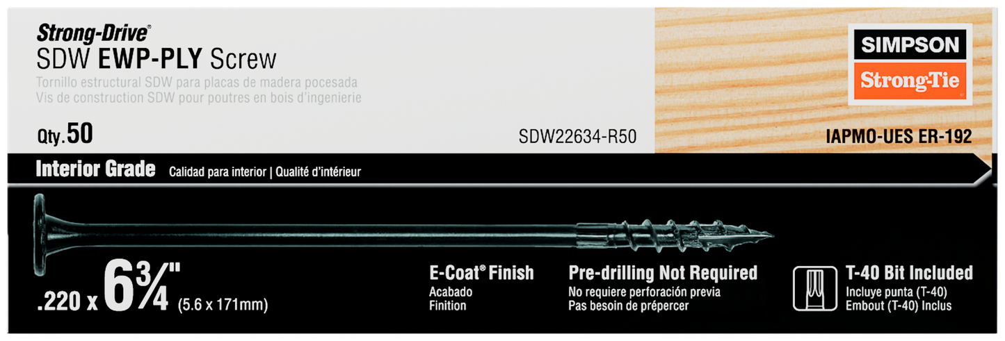 Simpson Strong-Tie SDW22634-R50 Strong-Drive® SDW™ EWP-PLY Screw — .220 in. x 6-3/4 in. T40 6-Lobe, E-coat® (50-Qty) (Pack of 320)