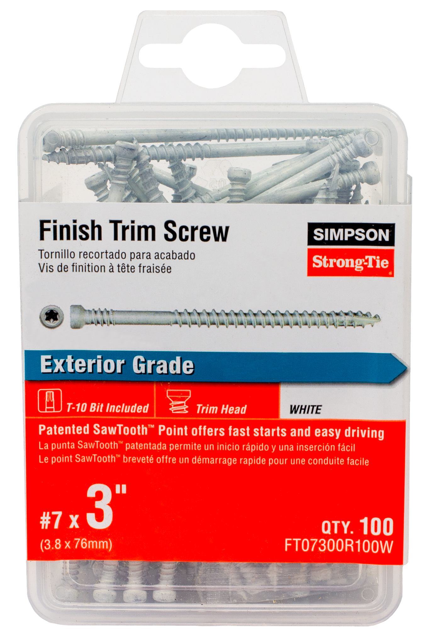 Simpson Strong-Tie FT07300R100W Finish Trim Screw — #7 x 3 in. T10, Trim-Head, Quik Guard®, White (100-Qty)