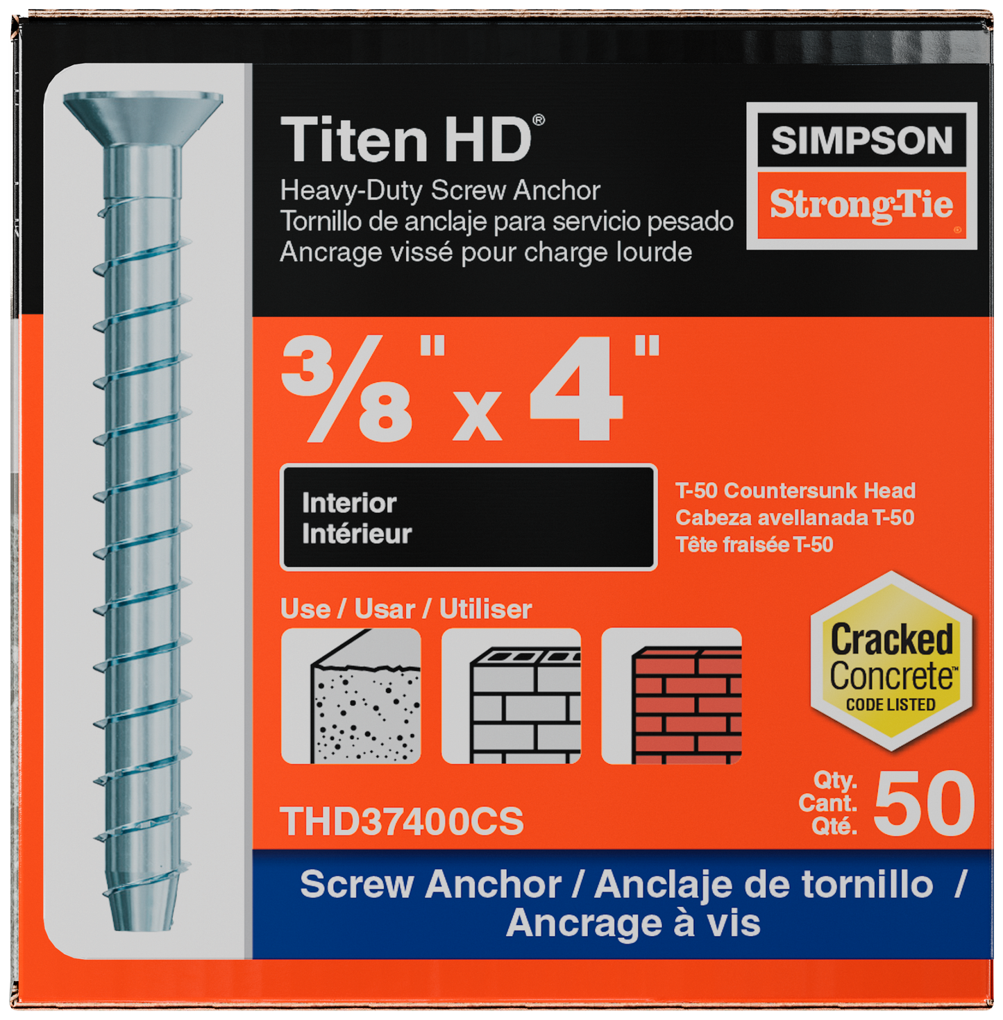 Simpson Strong-Tie THD37400CS Titen HD® 3/8 in. x 4 in. Zinc-Plated Countersunk Head Heavy-Duty Screw Anchor (50-Qty) (Pack of 4)