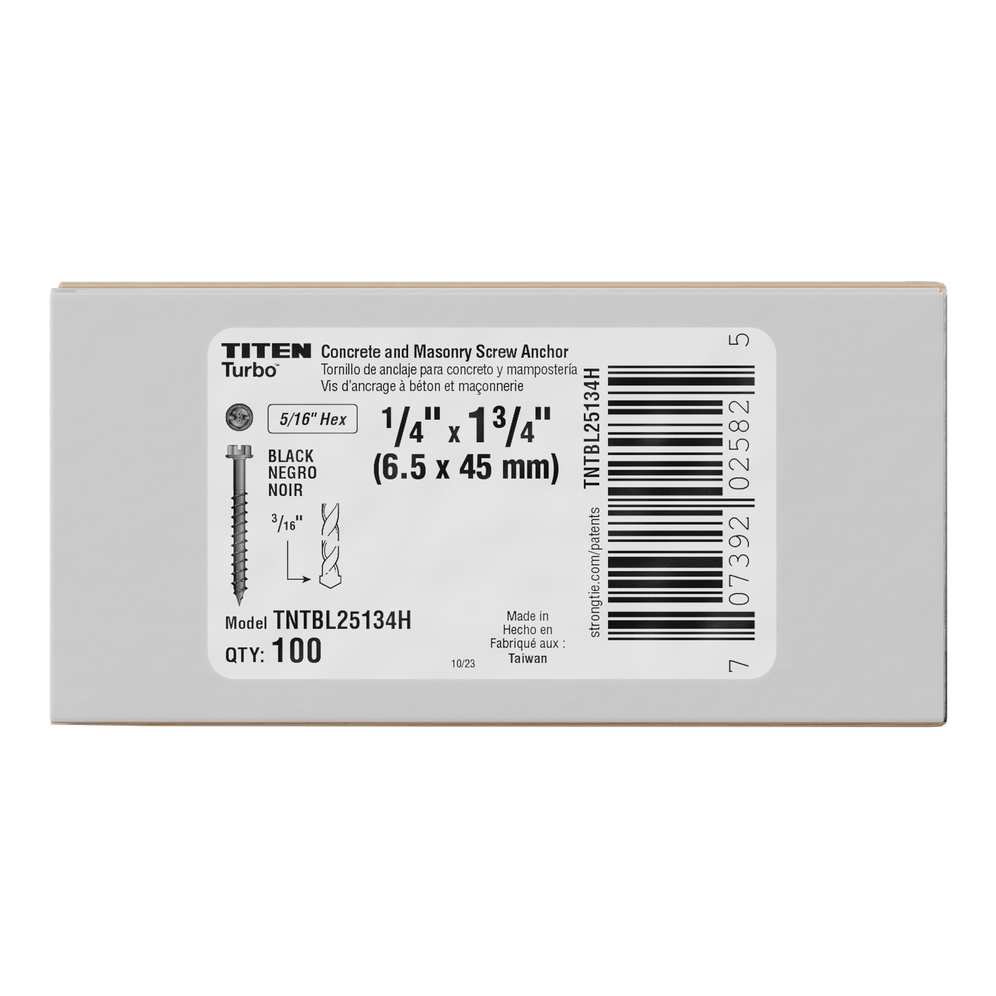 Simpson Strong-Tie TNTBL25314H Titen Turbo™ — 1/4 in. x 3-1/4 in. Hex-Head Concrete and Masonry Screw, Black (100-Qty)