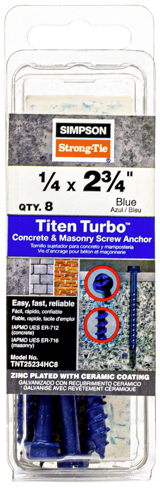Simpson Strong-Tie TNT25234HC8 Titen Turbo™ — 1/4 in. x 2-3/4 in. Hex-Head Concrete and Masonry Screw, Blue (8-Qty) (Pack of 5)