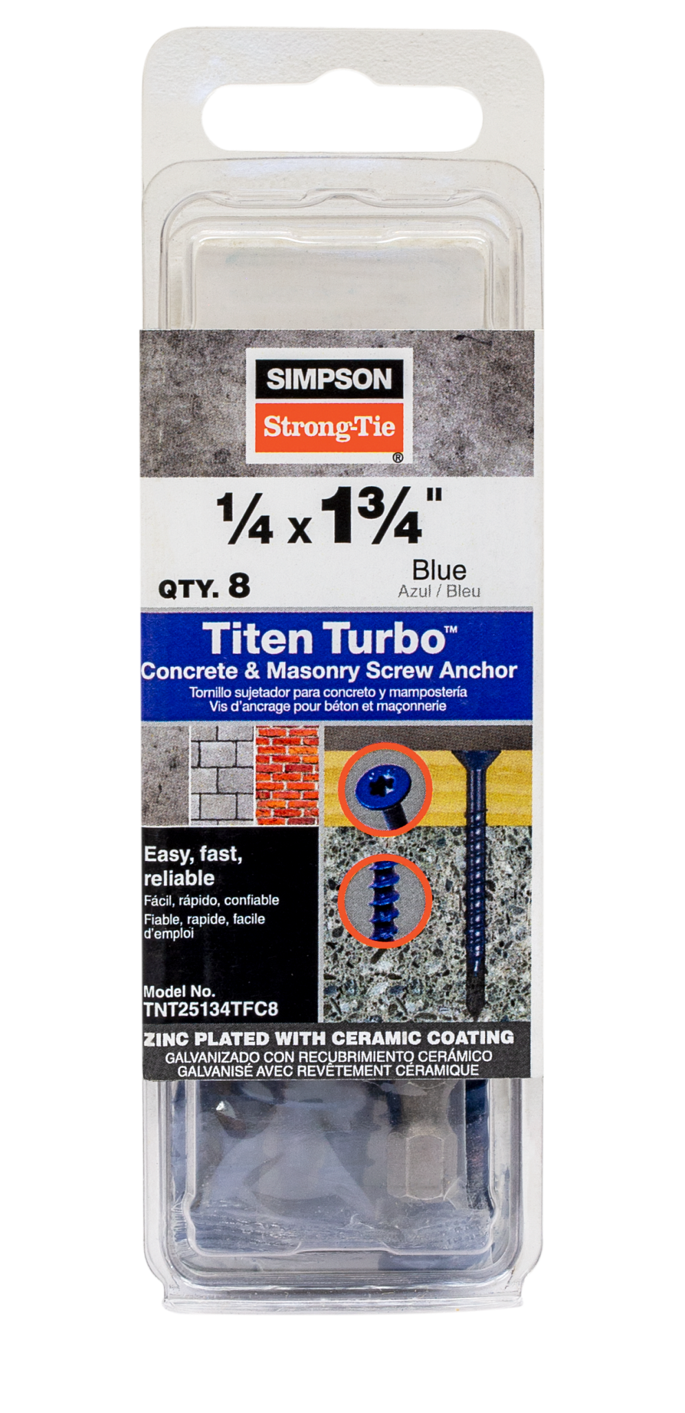 Simpson Strong-Tie TNT25134TFC8 Titen Turbo™ — 1/4 in. x 1-3/4 in. 6-Lobe Flat-Head Concrete and Masonry Screw, Blue (8-Qty) (Pack of 20)