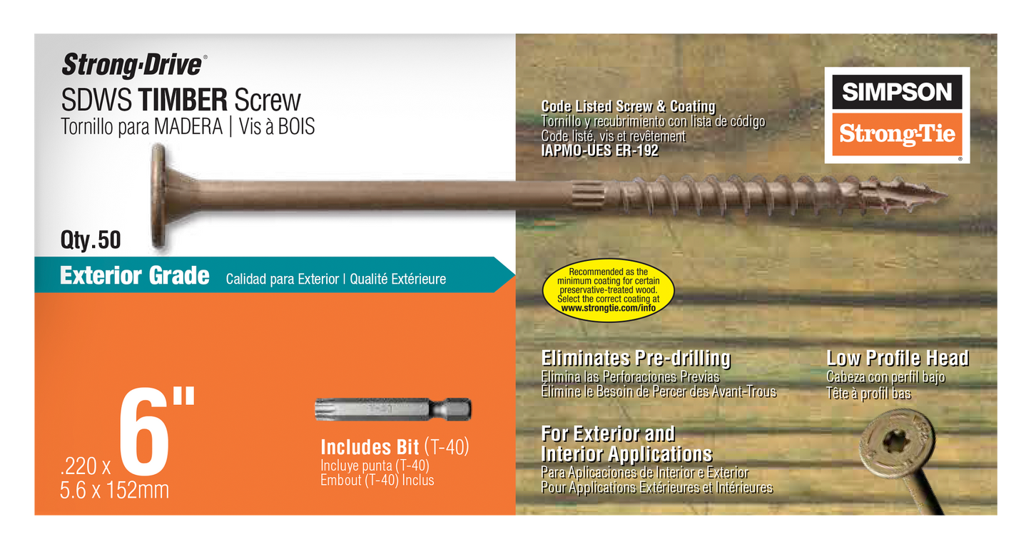 Simpson Strong-Tie SDWS22600DB-R50 Strong-Drive® SDWS™ TIMBER Screw (Exterior Grade) — 0.220 in. x 6 in. T40, Tan (50-Qty) (Pack of 360)