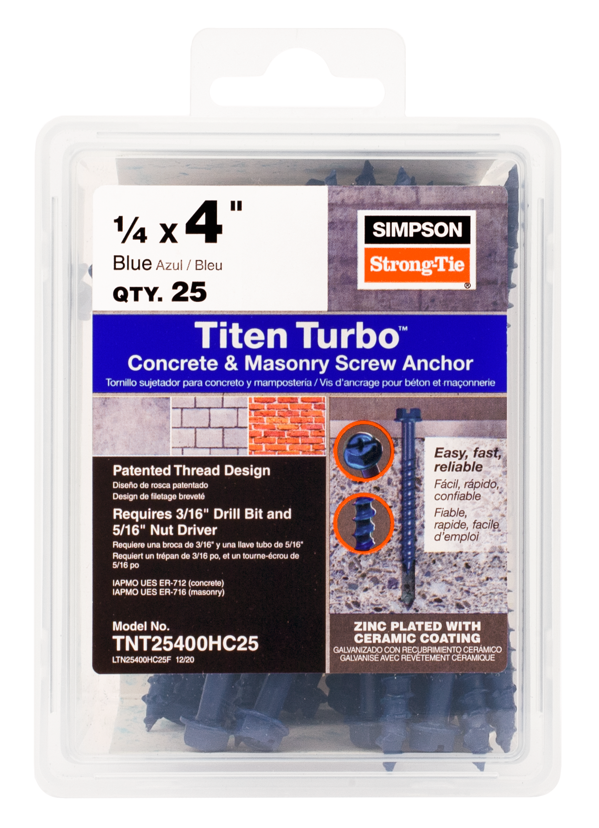 Simpson Strong-Tie TNT25400HC25 Titen Turbo™ — 1/4 in. x 4 in. Hex-Head Concrete and Masonry Screw, Blue (25-Qty)