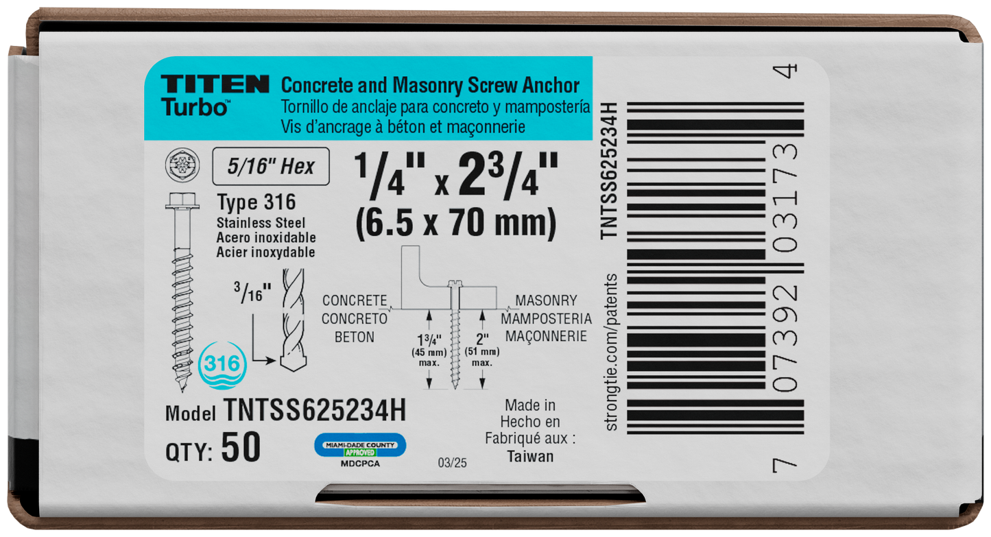 Simpson Strong-Tie TNTSS625234H Titen Turbo™ — 1/4 in. x 2-3/4 in. Type 316 Stainless-Steel Hex-Head Concrete and Masonry Screw (50-Qty) (Pack of 4)