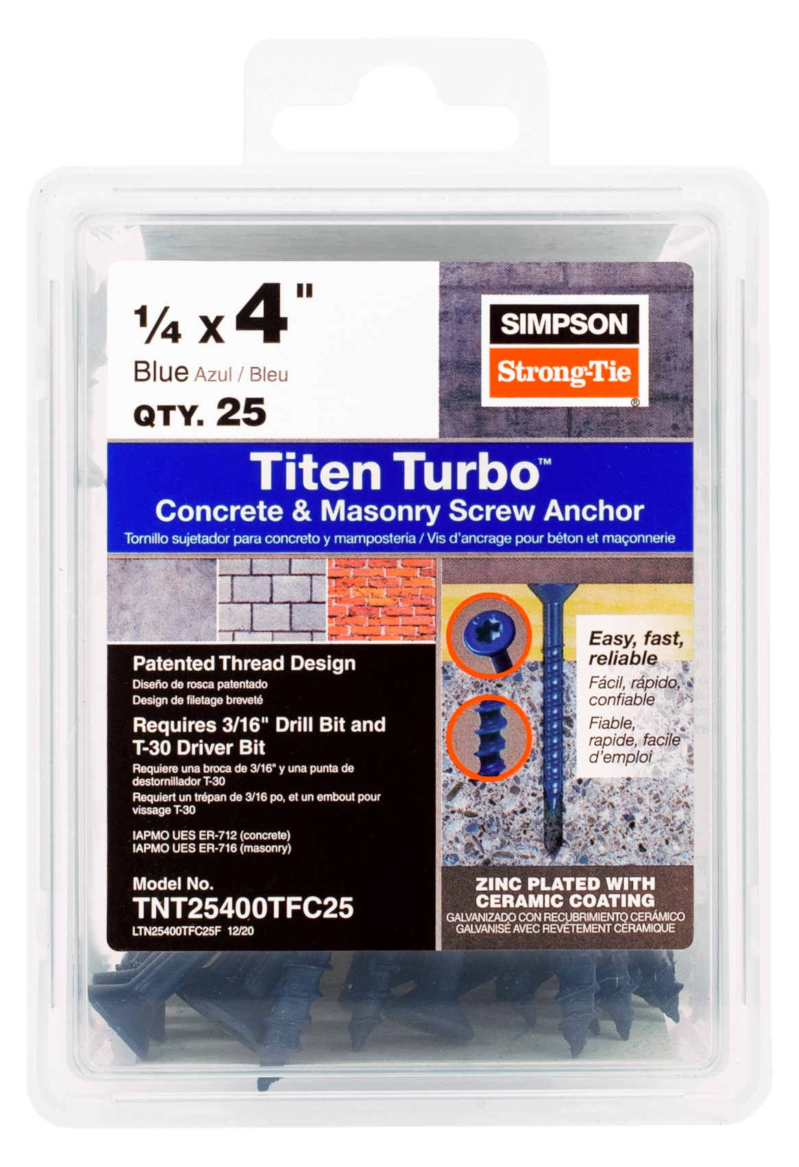 Simpson Strong-Tie TNT25400TFC25 Titen Turbo™ — 1/4 in. x 4 in. 6-Lobe Flat-Head Concrete and Masonry Screw, Blue (25-Qty) (Pack of 4)