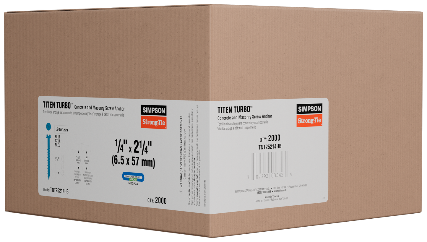 Simpson Strong-Tie TNT25214H Titen Turbo™ — 1/4 in. x 2-1/4 in. Hex-Head Concrete and Masonry Screw, Blue (100-Qty) (Pack of 5)