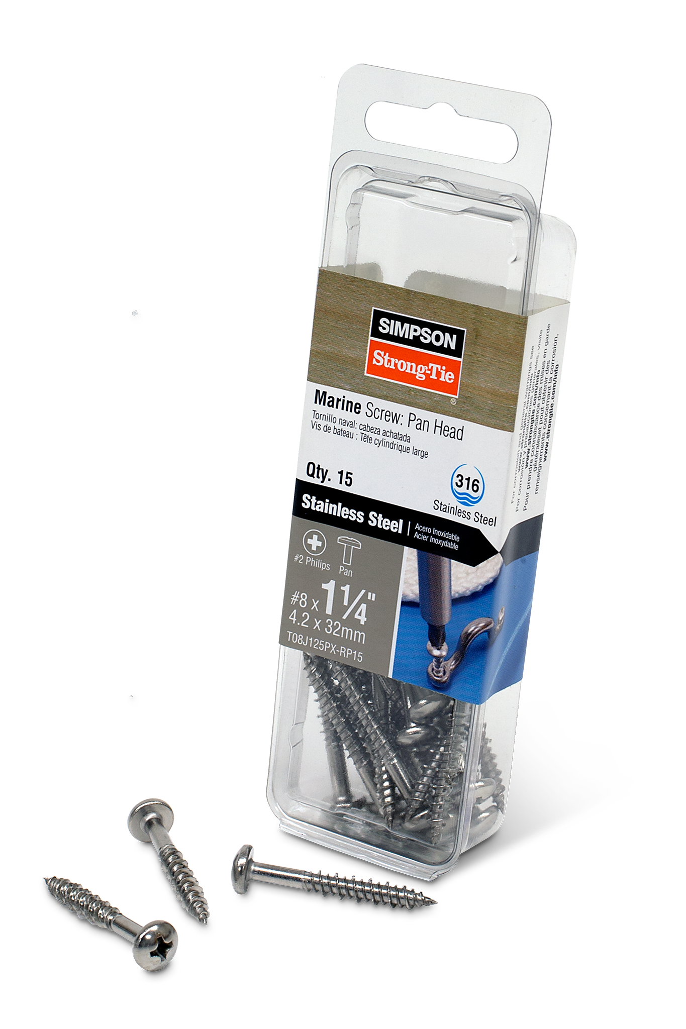 Simpson Strong-Tie T08J125PX-RP15 Marine Screw, Pan Head — #8 x 1-1/4 in. #2 Phillips Drive, Type 316 (15-Qty)