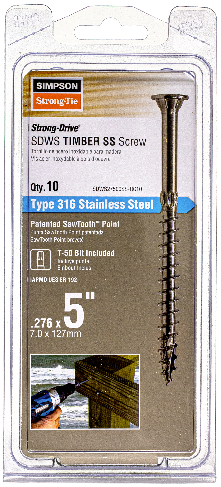 Simpson Strong-Tie SDWS27500SS-RC10 Strong-Drive® SDWS™ TIMBER Screw — 0.275 in. x 5 in. T50, Type 316 (10-Qty)