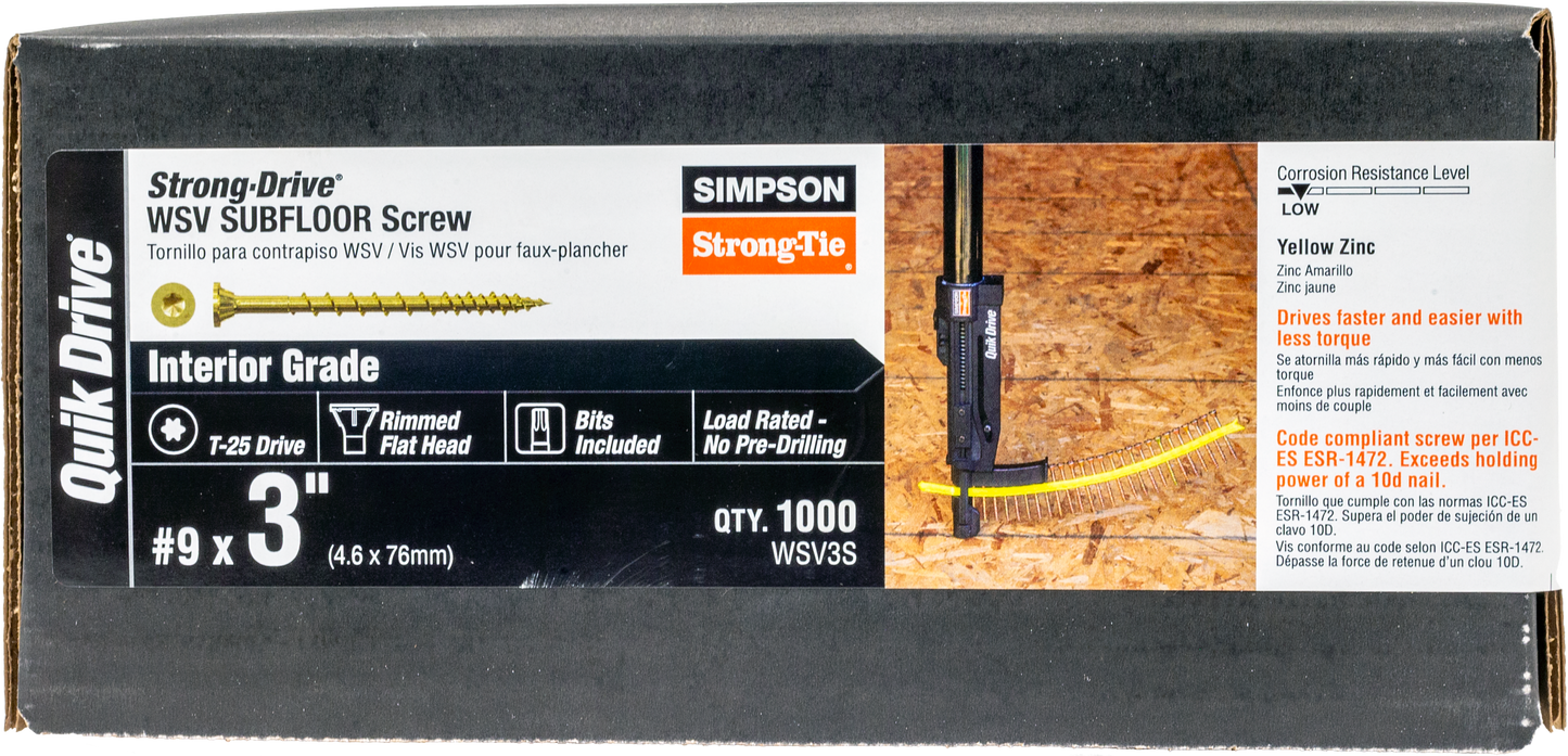 Simpson Strong-Tie WSV3S Strong-Drive® WSV SUBFLOOR Screw (Collated) — #9 x 3 in. T25, Yellow Zinc (1000-Qty) (Pack of 100)