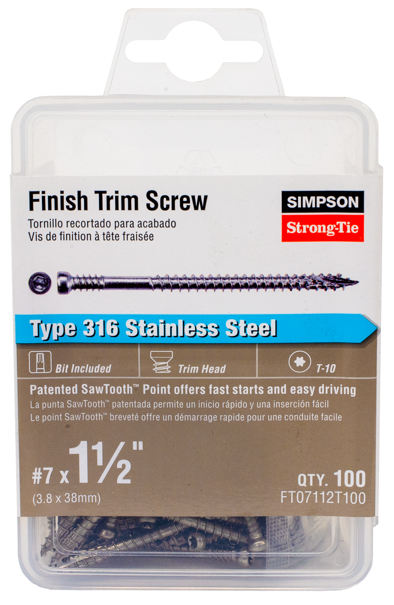 Simpson Strong-Tie FT07112T100 Finish Trim Screw — #7 x 1-1/2 in. T10, Trim-Head, Type 316 (100-Qty)