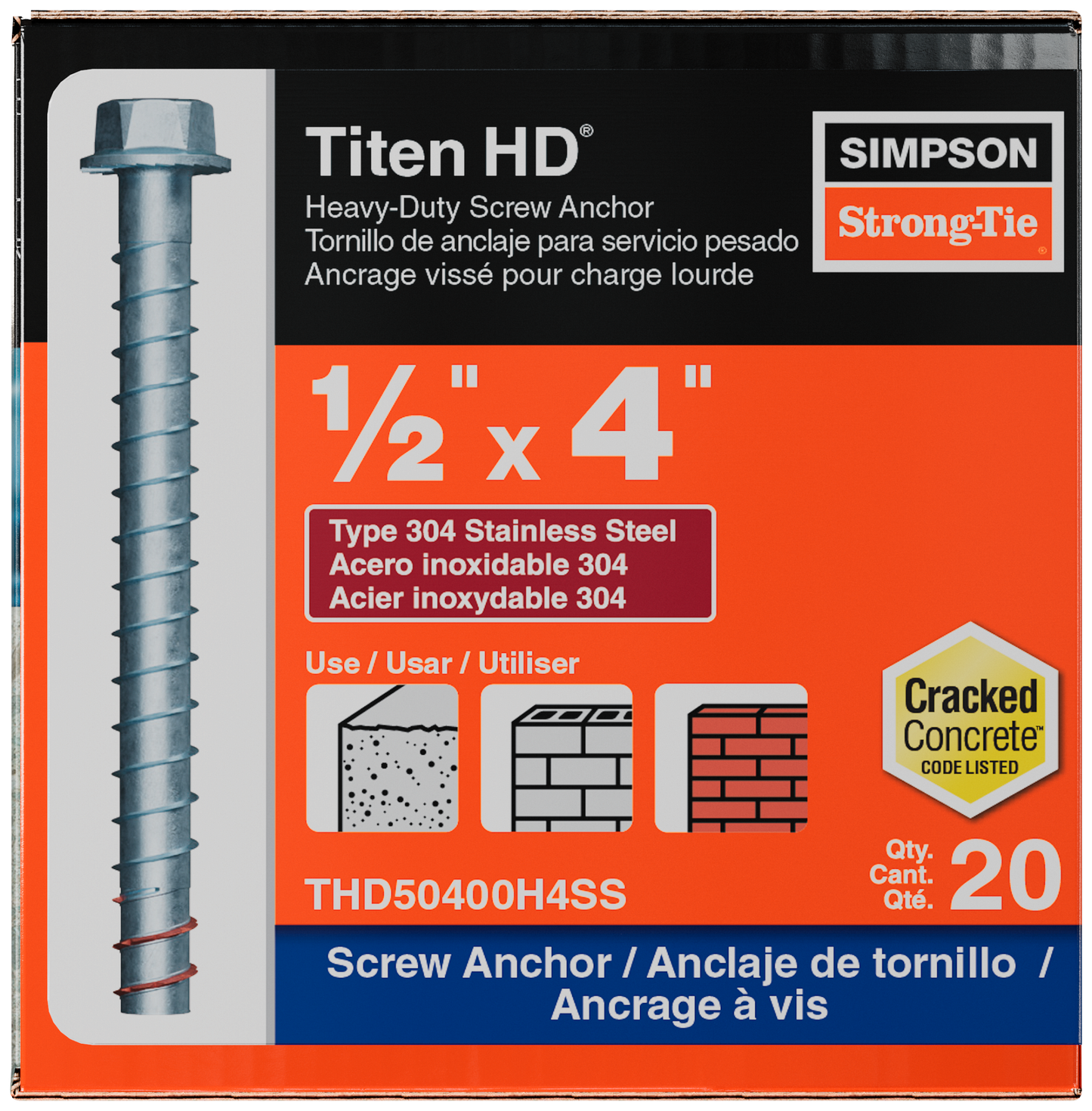 Simpson Strong-Tie THD50400H4SS Titen HD® 1/2 in. x 4 in. Type 304 Stainless Steel Heavy-Duty Screw Anchor (20-Qty)