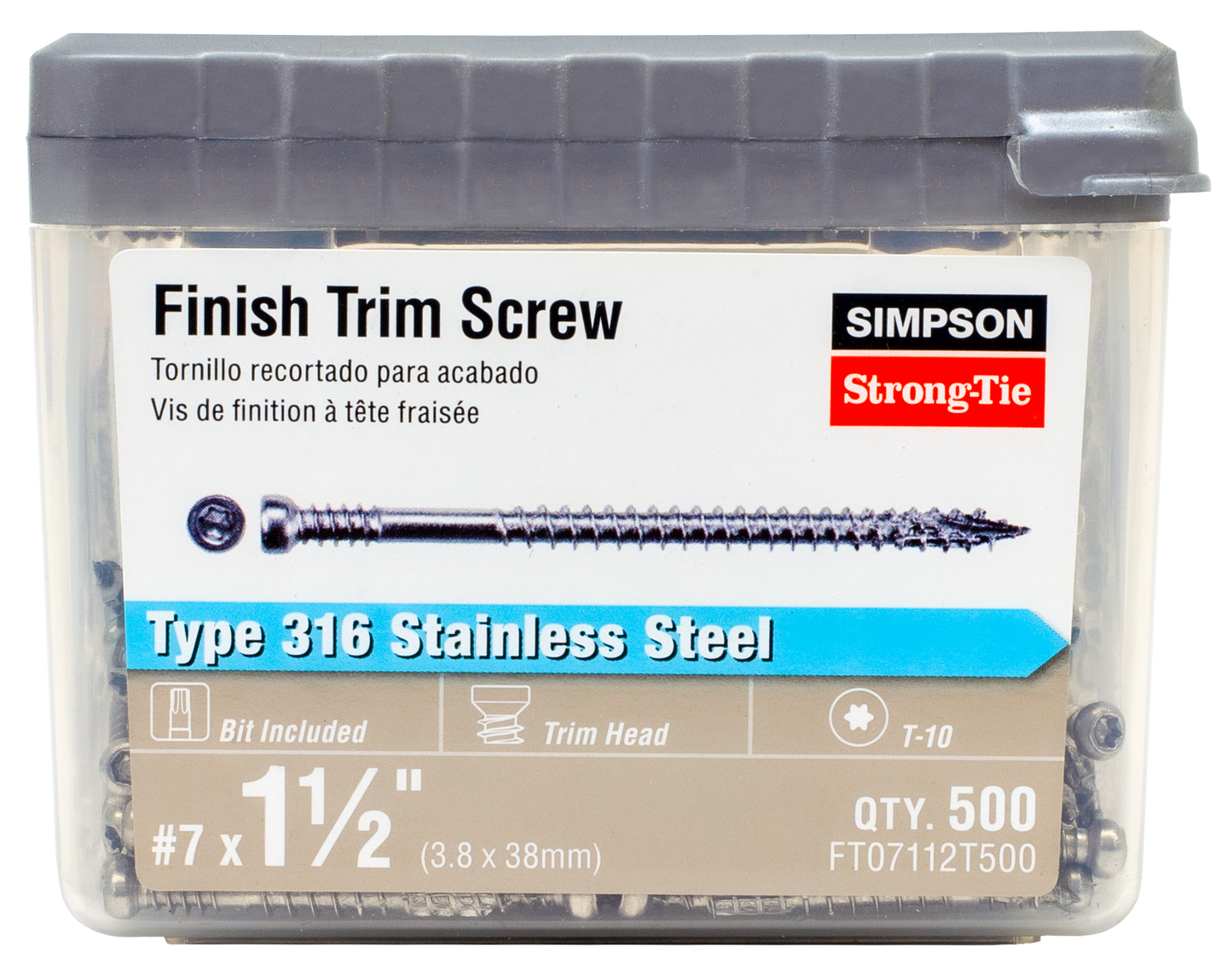 Simpson Strong-Tie FT07112T500 Finish Trim Screw — #7 x 1-1/2 in. T10, Trim-Head, Type 316 (500-Qty) (Pack of 6)