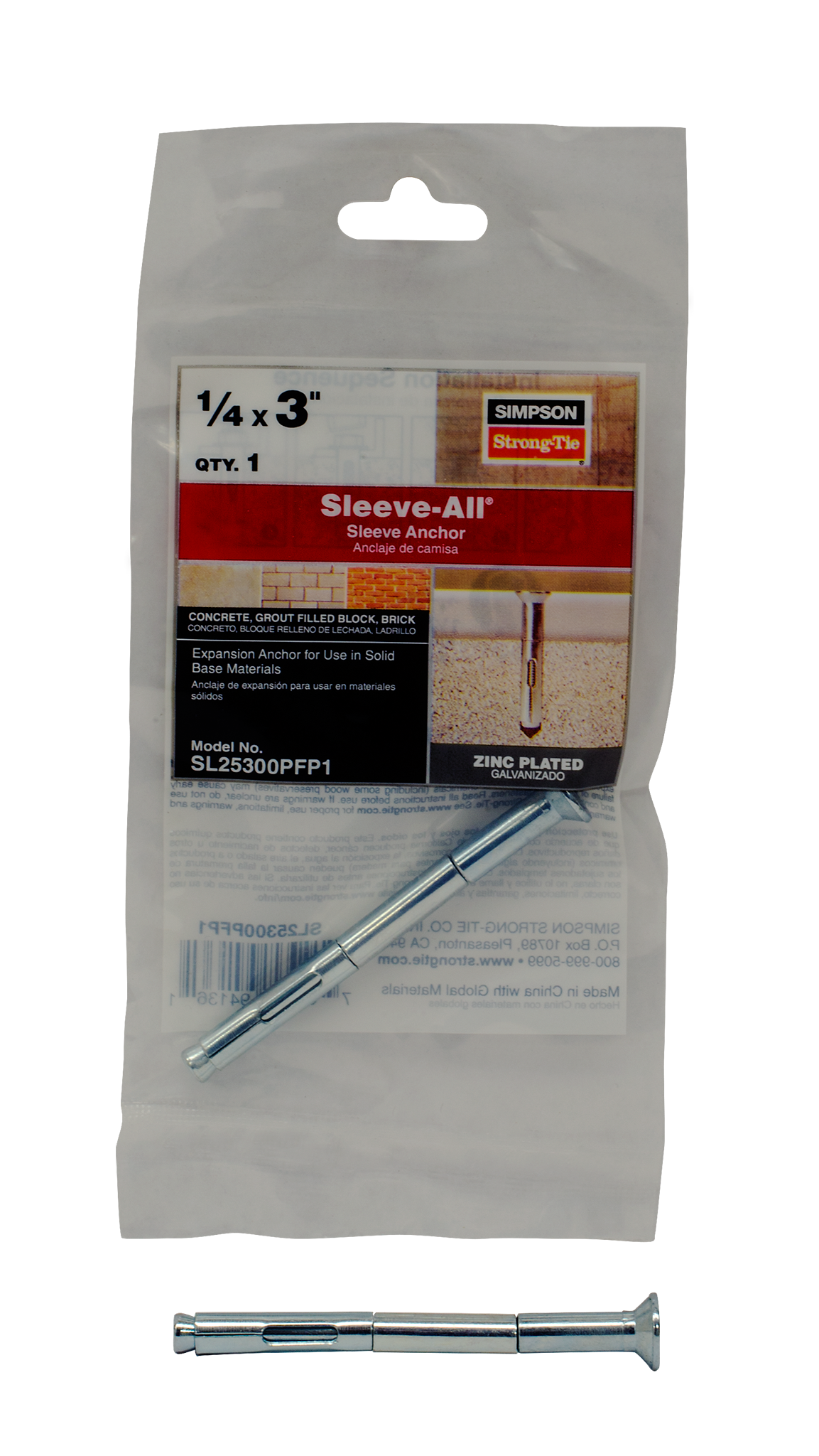 Simpson Strong-Tie SL25300PFP1 Sleeve-All® 1/4 in. x 3 in. Phillips Flat-Head Sleeve Anchor (Pack of 13950)