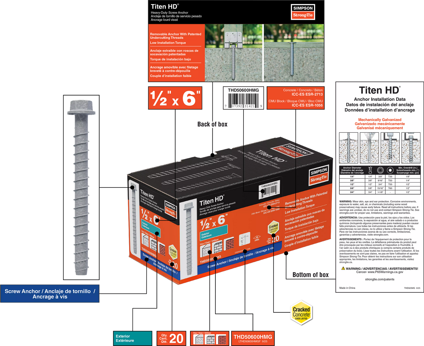 Simpson Strong-Tie THD50600HMG Titen HD® 1/2 in. x 6 in. Mechanically Galvanized Heavy-Duty Screw Anchor (20-Qty) (Pack of 240)