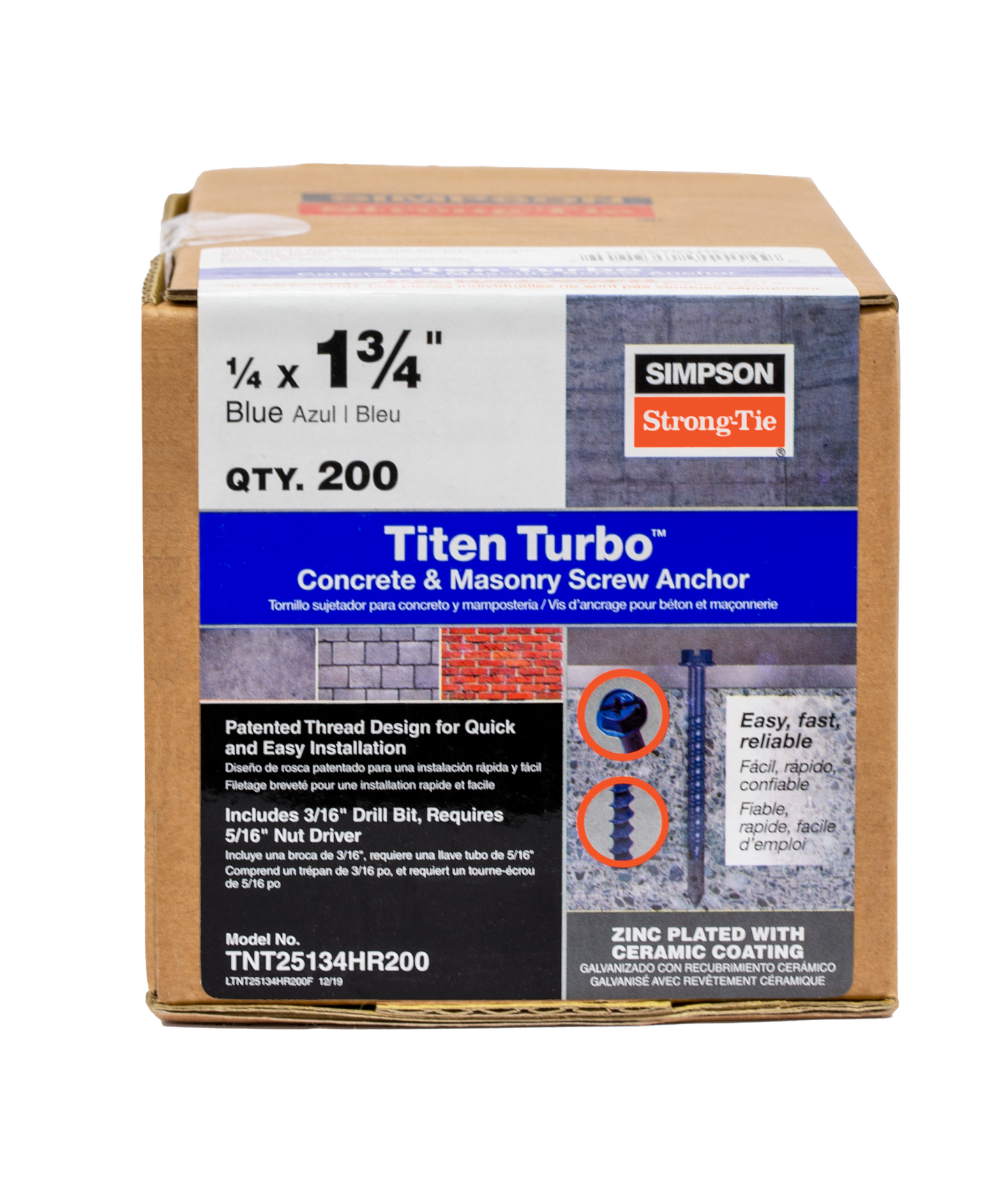 Simpson Strong-Tie TNT25134H Titen Turbo™ — 1/4 in. x 1-3/4 in. Hex-Head Concrete and Masonry Screw, Blue (100-Qty) (Pack of 5)