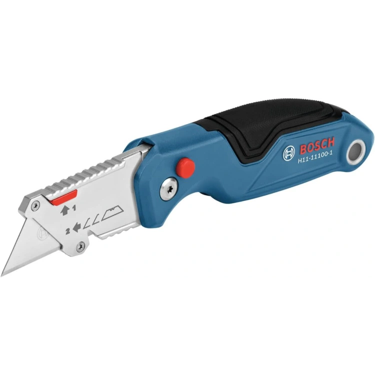 BOSCH H11-11100-1 Folding Utility Knife Featuring Built-In Blade Storage, Thumb Rest For Better Grip, And Included Belt Clip, Strap Cutter, 3 Replacement Blades