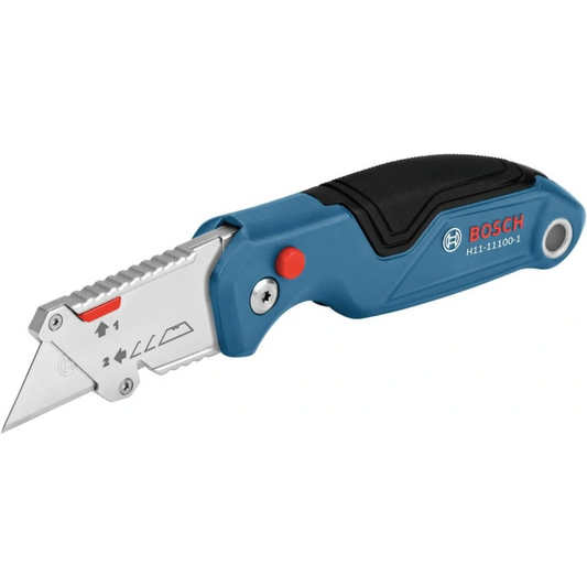 BOSCH H11-11100-1 Folding Utility Knife Featuring Built-In Blade Storage, Thumb Rest For Better Grip, And Included Belt Clip, Strap Cutter, 3 Replacement Blades